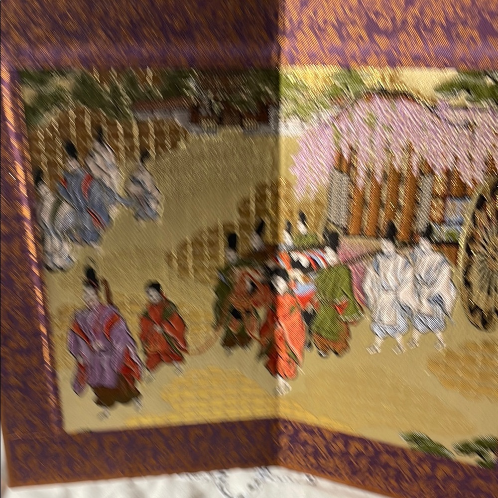 Japanese Folding Screen with Traditional Scene gold mini screen with two panels.